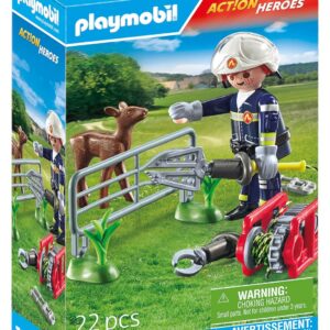 Playmobil 71467 Pompier avec Faon à sauver - Action Hereos - avec Un Personnage, Un Faon, Une clotûre et des Accessoires de sauvetages - Ville & Métiers - Dès 4 Ans