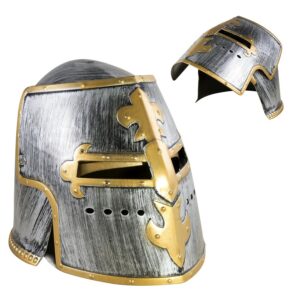 P'TIT CLOWN - 31050 - Casque de Chevalier avec Visière Amovible - Look Médiéval, Guerrier, Gladiateur - Accessoire de Déguisement pour Carnaval, Fêtes à Thèmes, Halloween - Plastique - Gris et Or