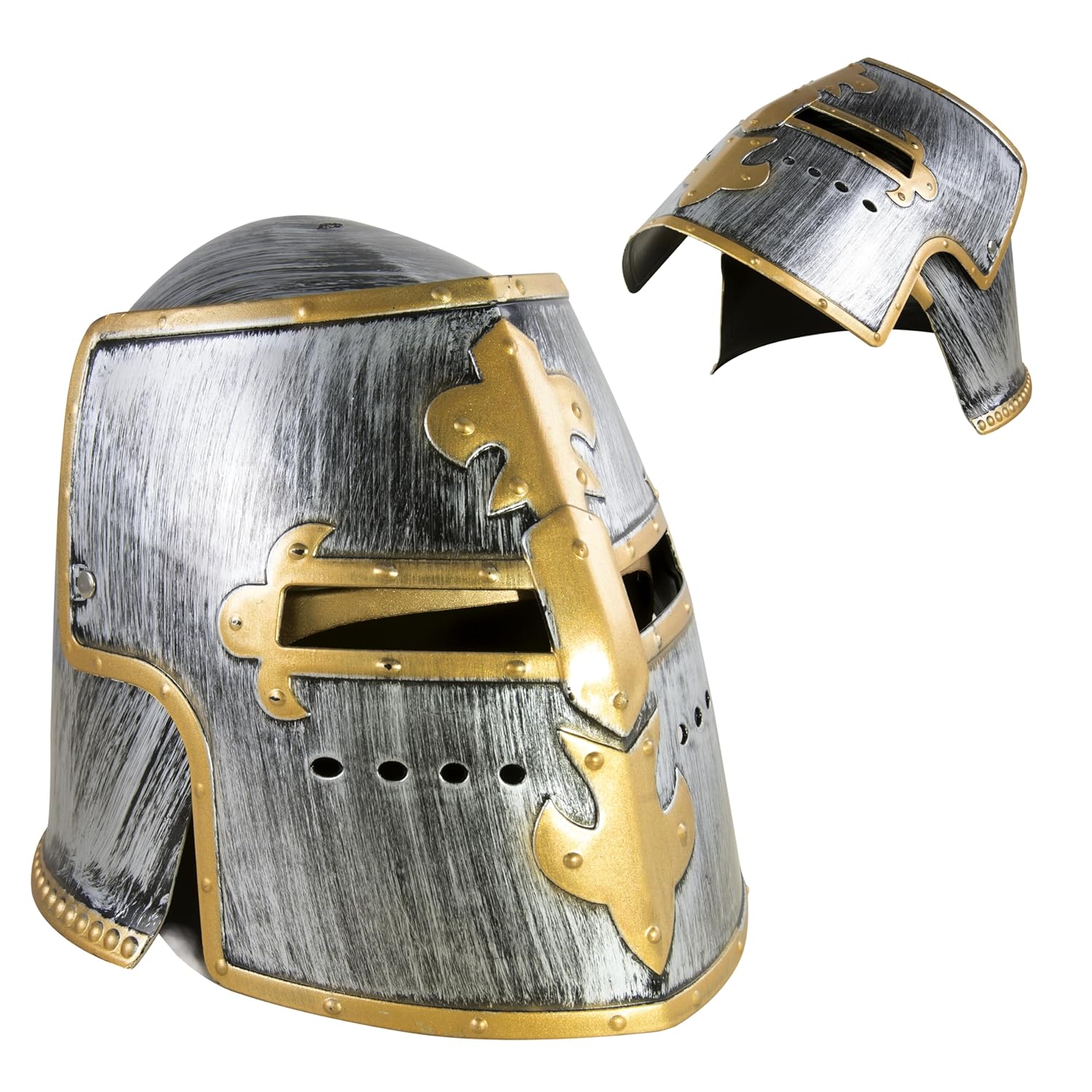 P'TIT CLOWN - 31050 - Casque de Chevalier avec Visière Amovible - Look Médiéval, Guerrier, Gladiateur - Accessoire de Déguisement pour Carnaval, Fêtes à Thèmes, Halloween - Plastique - Gris et Or