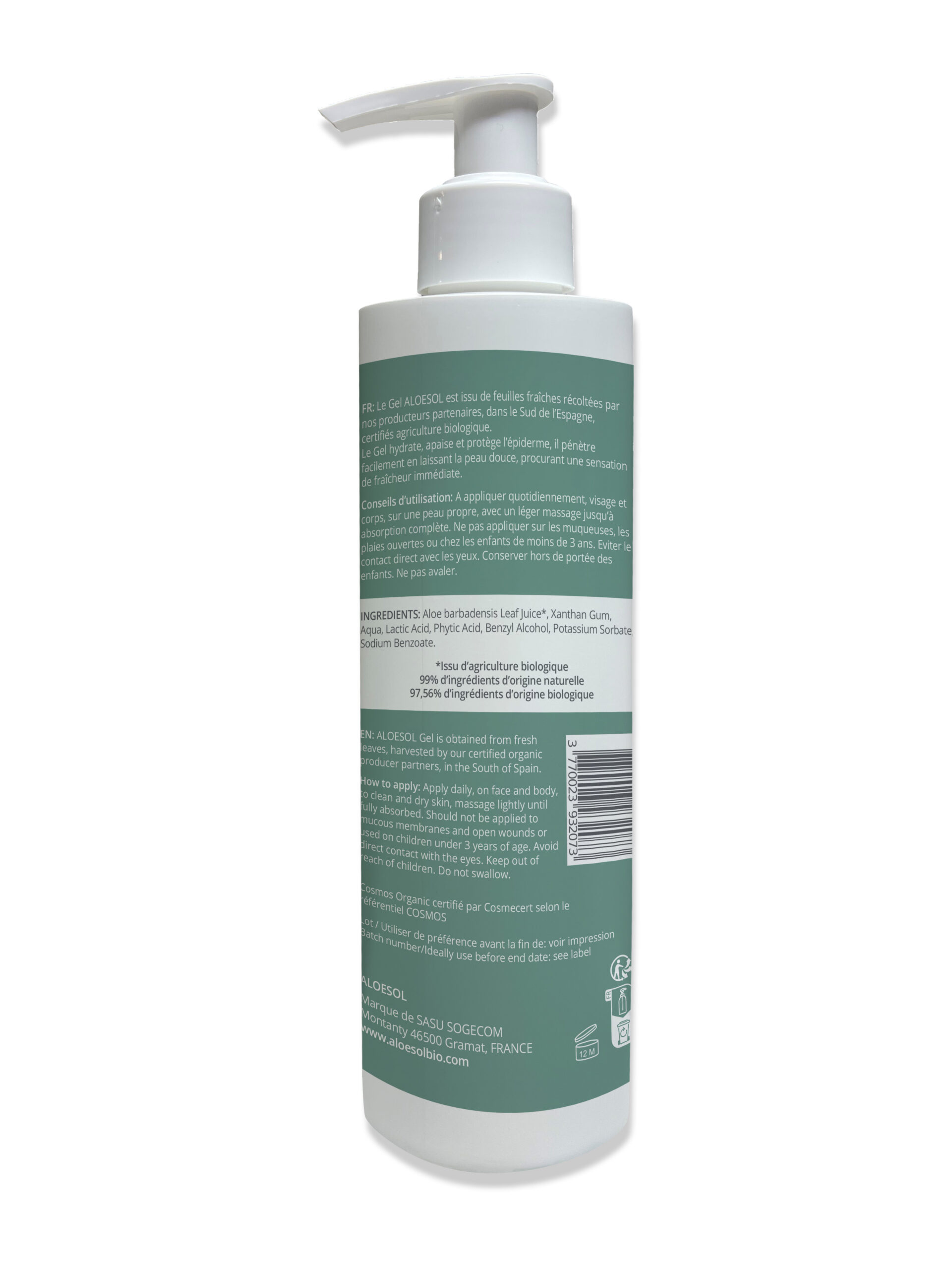 Gel Aloe Vera Bio 250ml 3770023932073 face arriere