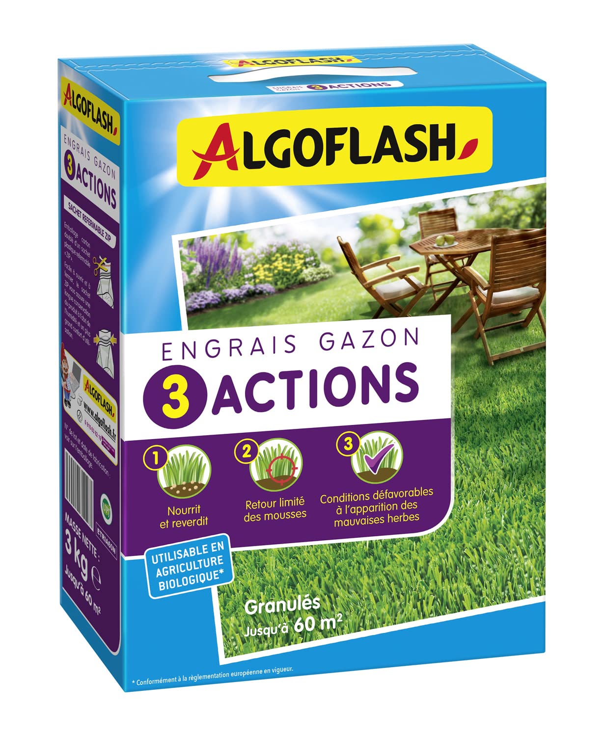 ALGOFLASH — Engrais gazon 3 actions 3 kg jusqu’à 60 m²