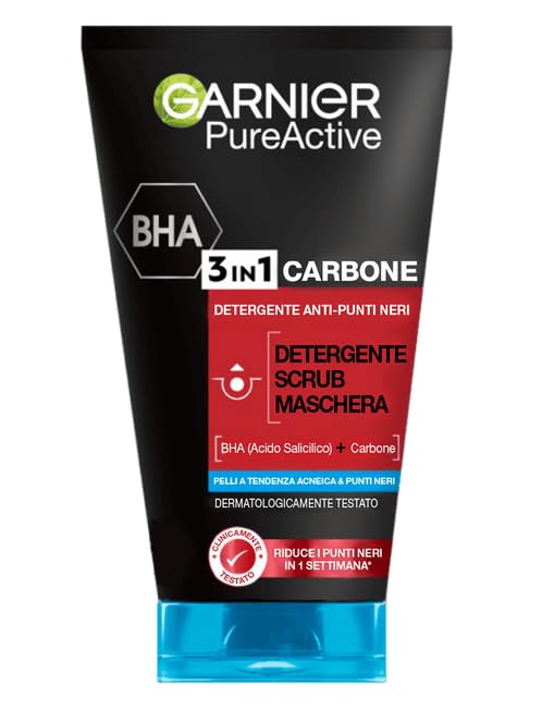 Garnier SkinActive - Nettoyant 3 en 1 Charbon Anti-Points Noirs Incrustés PureActive- 150 ml