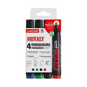 Uni Prockey - UNI-BALL - Uni Mitsubishi Pencil - Marqueur Permanent Inodore PM126 - Multisupport, Base Eau, Sans Odeur - Pointe Biseautée Large 5,7 mm - Emballage Zéro Plastique - Lot de 4 Couleurs