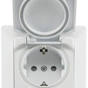 MILOS Prise pour pièces humides encastrée IP44 avec clapet de protection intérieur et extérieur - Joint en silicone - 250 V/16 A - Blanc