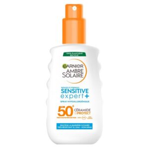 GARNIER Ambre Solaire Sensitive Expert+ - Spray Protection Solaire FPS 50+ - Protège des UVA, UVB Et UVA Longs - Résiste à L'eau - Enrichi en Céramides - Tous Types de Peaux - 150 ml