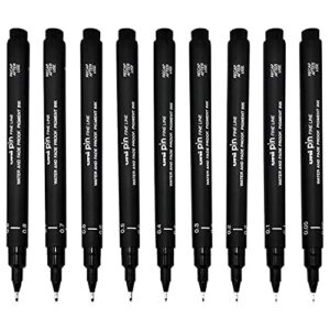 Uni Pin Fineliner Set de 9 stylos à dessin à encre noire à épaisseur de pointes différentes