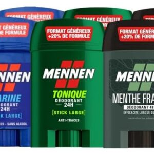 Mennen - lot de 6 déodorants, Tonique 24h x2, Marine 24h x2 et Natural Force 48h x2, sticks larges sans alcool anti traces