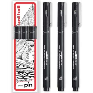 Uni-ball PIN Lot de 3 stylos à pointe fine noire | Encre résistante | Idéal pour les croquis, le scrapbooking, le contour, l'art, le dessin technique | Dans un coffret