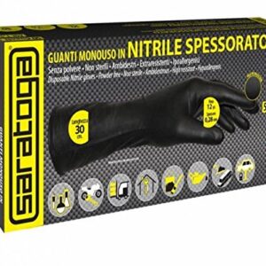SARATOGA 37502003 Lot de 50 gants longs allongés jetables en nitrile épais, XL poudre sans latex noir