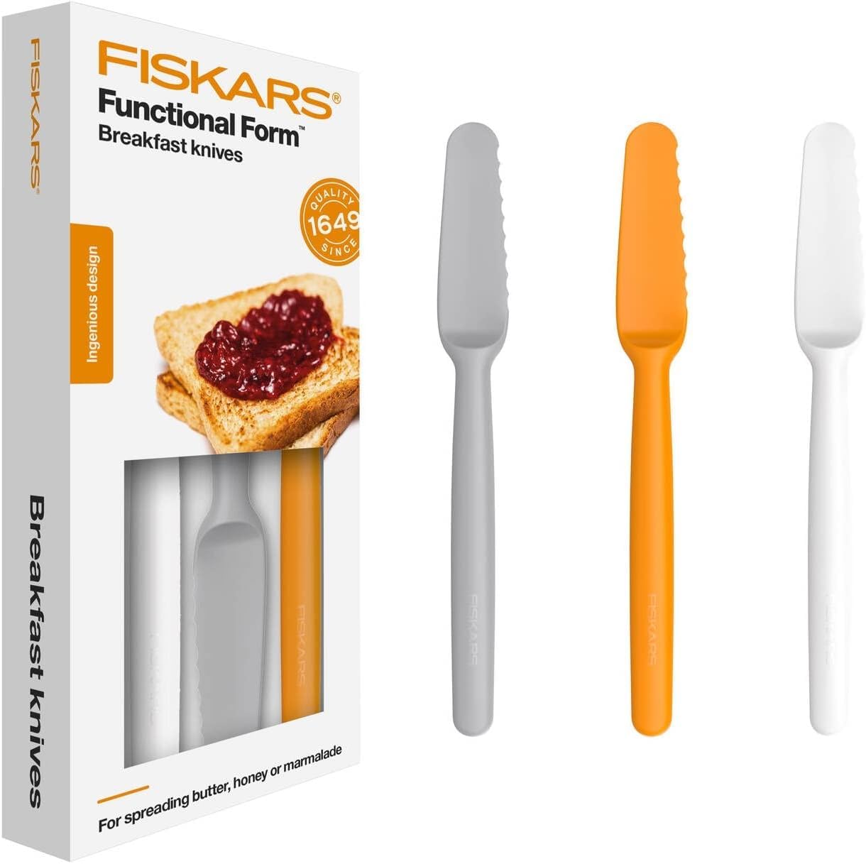 Fiskars Set de 3 Couteaux à tartiner, Plastique, Blanc/Orange/Gris, Functional Form, 1016121