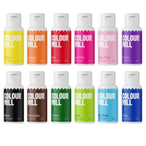 Colour Mill Oil Blend Kickstarter Colorants Alimentaires à Base d'Huile - Nourriture Dye: Yellow, Orange, Red, Hot Pink, Baby Pink, Purple, Blac, Chocolate, Forest, Lime, Sky Blue, Royal - Set-12