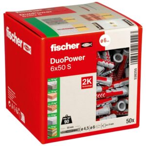 fischer - Cheville bi-matière et multi-matériaux DUOPOWER 6x50 avec vis/Boîte de 50