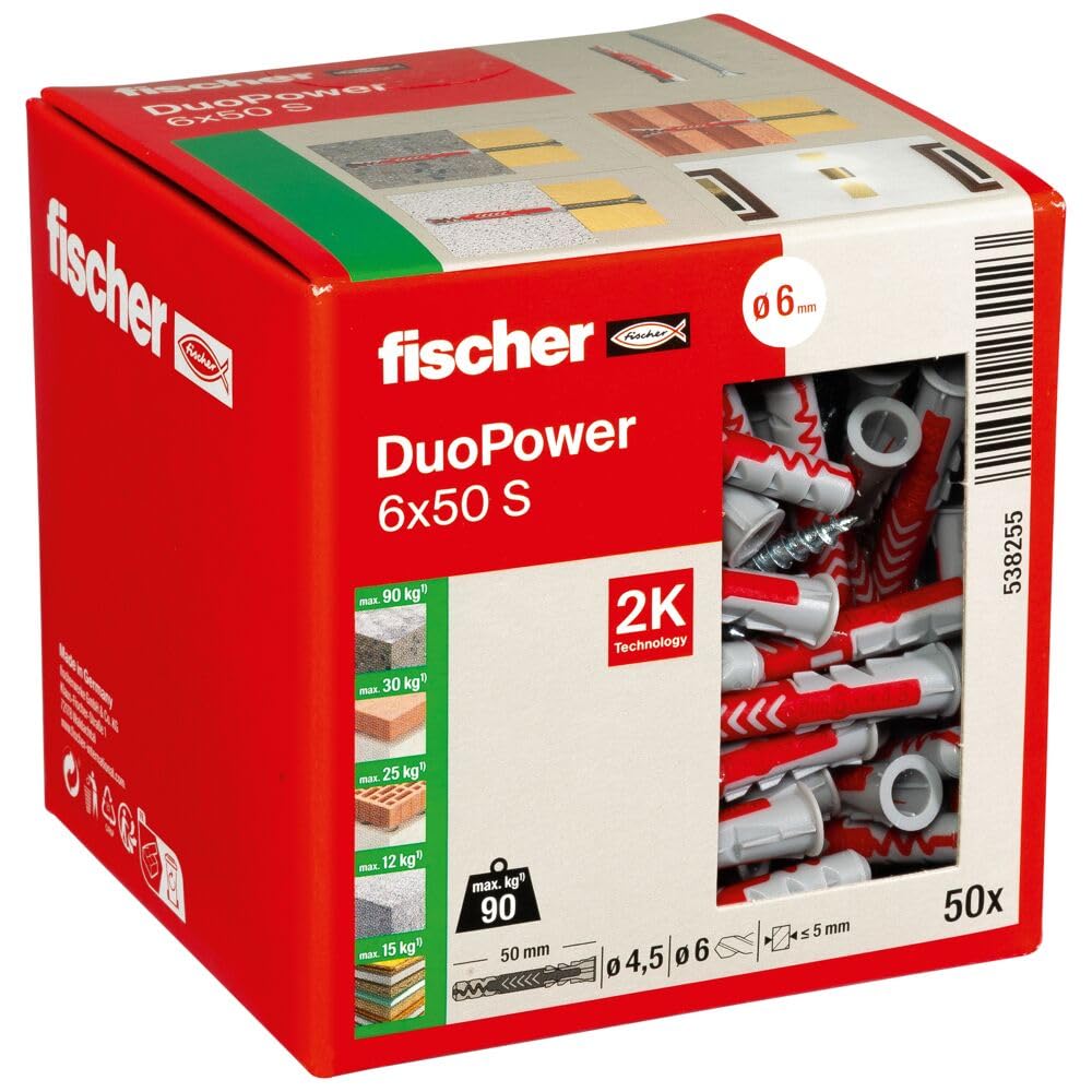fischer - Cheville bi-matière et multi-matériaux DUOPOWER 6x50 avec vis/Boîte de 50