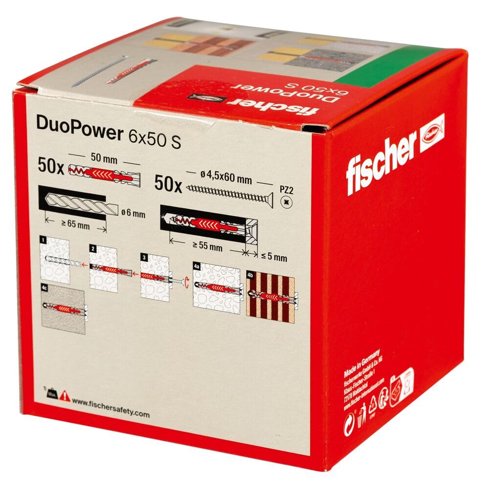 fischer - Cheville bi-matière et multi-matériaux DUOPOWER 6x50 avec vis/Boîte de 50 – Image 2