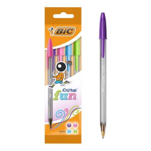 BIC Cristal Fun Stylos-Bille Pointe Large (1,6 mm) - Écriture Large et Intense - Couleurs Assorties, Pochette de 4
