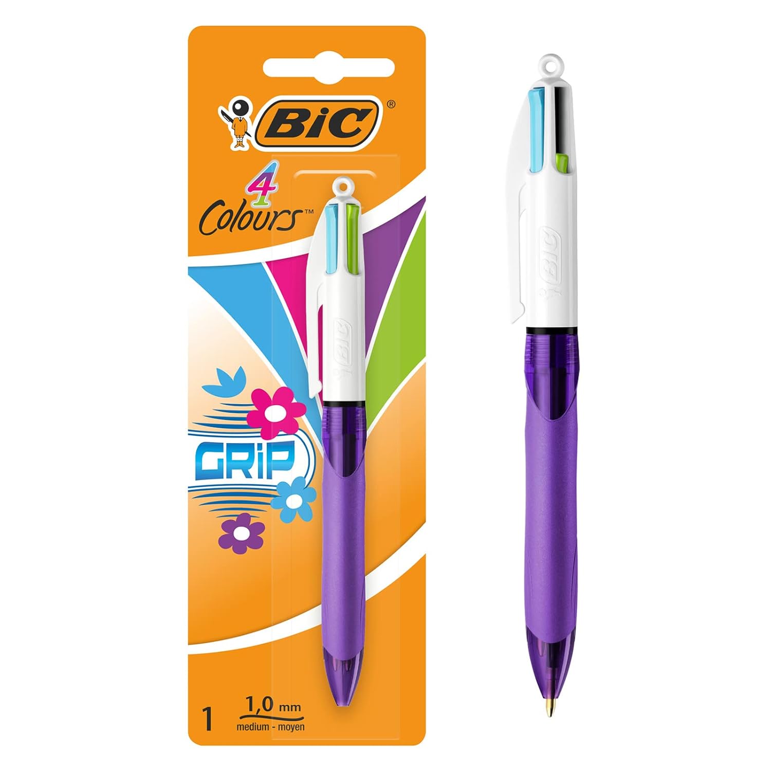 BIC 4 Couleurs Grip Stylo-Bille Rétractable Pointe Moyenne (1,0 mm) - Encres Fantaisie, Blister de 1