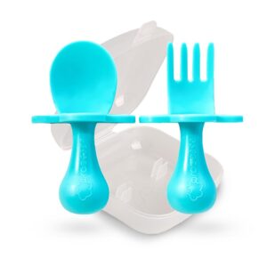 Grabease Ustensiles pour tout-petits Cuillères et fourchettes pour tout-petits Couverts pour bébé Fourchette pour tout-petits, sans BPA et sans phtalate et tout-petit, 1 ensemble, bleu sarcelle