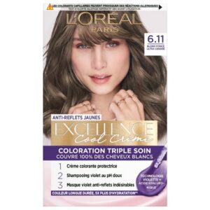 L’ORÉAL PARIS - Coloration Cheveux Permanente Triple Soin - Anti-Reflets Jaunes - Couvre 100% des Cheveux Blancs - Excellence Cool Crème - Nuance : Blond Foncé Ultra Cendré (6.11)