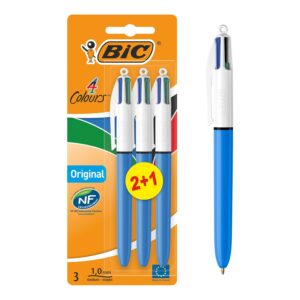 BIC 4 Couleurs Original - Stylos-Bille Rétractables Pointe Moyenne (1,0 mm) - Certifié NF Environnement - Pack de 2+1