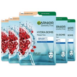 GARNIER Skin Active - Coffret Masques Tissu Hydra Bomb - Hydratant & Repulpant - À Base De Grenade & Acide Hyaluronique - Vegan & Cruelty Free - Tissu Compostable - Peaux Déshydratées - x5