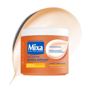 MIXA - Crème Hydratante Anti-Grisaille - Nourrit Intensément 48H & Ravive l’Éclat - Beurre de Cacao Pur & Karité - Peaux Très Sèches, Mates à Foncées - 400ml