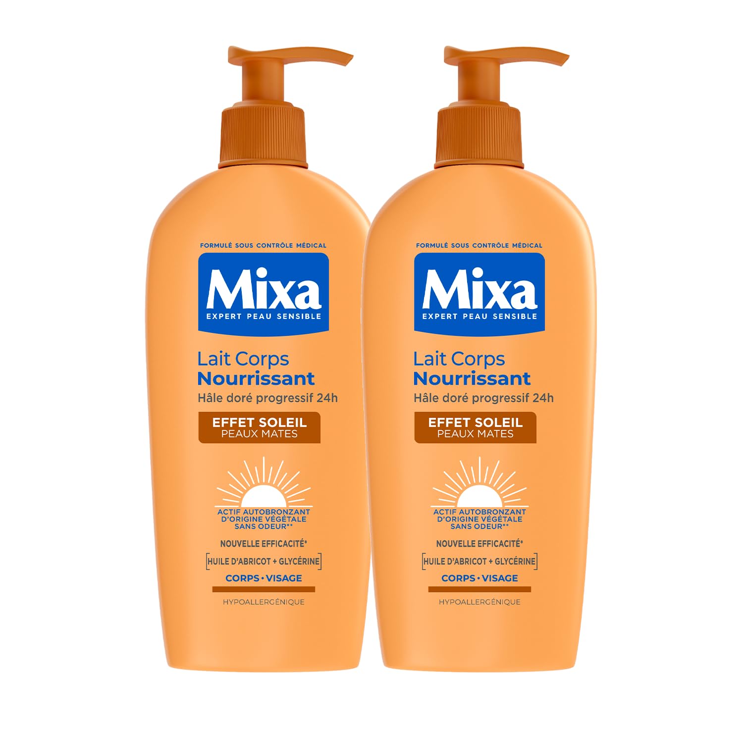 Mixa - Lot de 2 Autobronzant - Lait Corps Effet Soleil peaux mates 250ml - Hâle Doré Naturel Progressif et Uniforme