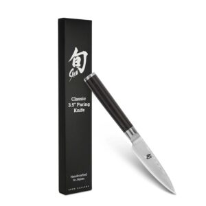 KAI Shun Classic Couteau d'Office Japonais 9 cm Longueur de Lame - Couteau Damas 32 Couches Noyau VG MAX - 61 (±1) HRC - Manche en Pakkawood - Fabriqué au Japon - Couteau à Légumes Éplucheur Forgé