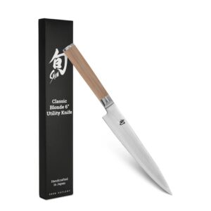 KAI Shun Classic Couteau Utilitaire Japonais Blanc 15 cm - Couteau Damas 32 Couches Noyau VG MAX - 61 (±1) HRC - bois de pakka - Fabriqué au Japon - Petit Couteau de Chef Étroit Forgé