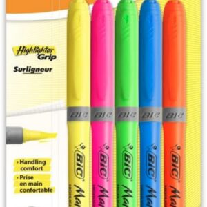 BIC Highlighter - Surligneurs à Pointe Biseautée Avec Grip - Couleurs Fluorescentes Assorties, Blister de 5, Letter Print