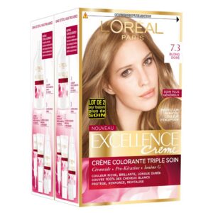 L'Oréal Paris - Excellence Crème - Coloration Permanente Triple Soin 100% Couverture Cheveux Blancs - Nuance 7,3 Blond Doré - Lot de 2