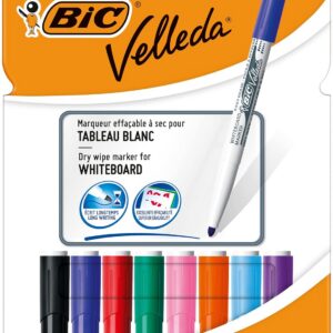 BIC Velleda 1741 Feutres pour Tableau Blanc Effaçables à Sec, Pointe Conique Moyenne - Couleurs Assorties, Pochette de 8