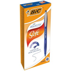 BIC Atlantis Soft - Stylos-Bille Rétractables - Pointe Moyenne (1,0 mm) – Encre Fluide Bleue, Boîte de 12