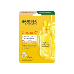 GARNIER Skin Active - Masque Visage Tissu - Super Hydratant & Booster D'Éclat - Vitamine C & Acide Hyaluronique - Vegan & Cruelty Free - Peaux Ternes en Manque D'Éclat - x1