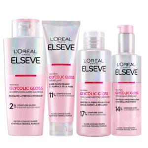 L'Oréal Paris Elvive Glycolic Gloss Après-Shampooing 150ml + Shampoing 200ml + Sérum Sans Rinçage 150ml + Traitement de Laminage 5 Minutes 200ml pour Cheveux Ternes et Poreux - 4 Flacons