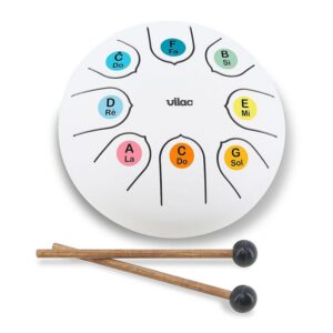 Vilac - Tongue Drum - Instrument de percussions en métal au Son Zen, accordé en Do Majeur avec Une Octave, idéal pour initier Les Enfants à la Musique. Comprend partitions et fiche explicative
