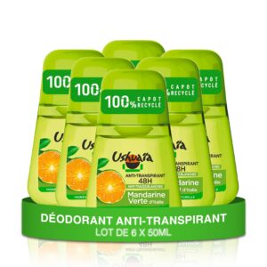 Ushuaïa - Déodorant Bille - Anti-Transpirant 48h Anti-Traces Blanches Mandarine Verte d'Italie - lot de 6 x 50ml