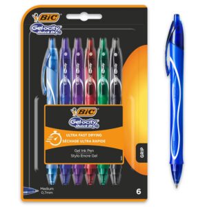 BIC Gel-ocity Quick Dry - Stylos-Gel Rétractables Séchage Ultra-Rapide - Pointe Moyenne (0,7 mm) - Couleurs Assorties, Blister de 6