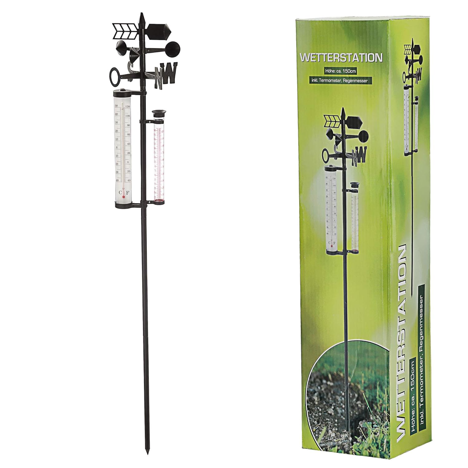 Cepewa Station météo de jardin baromètre pluviomètre thermomètre vitesse du vent 150 cm – Image 5