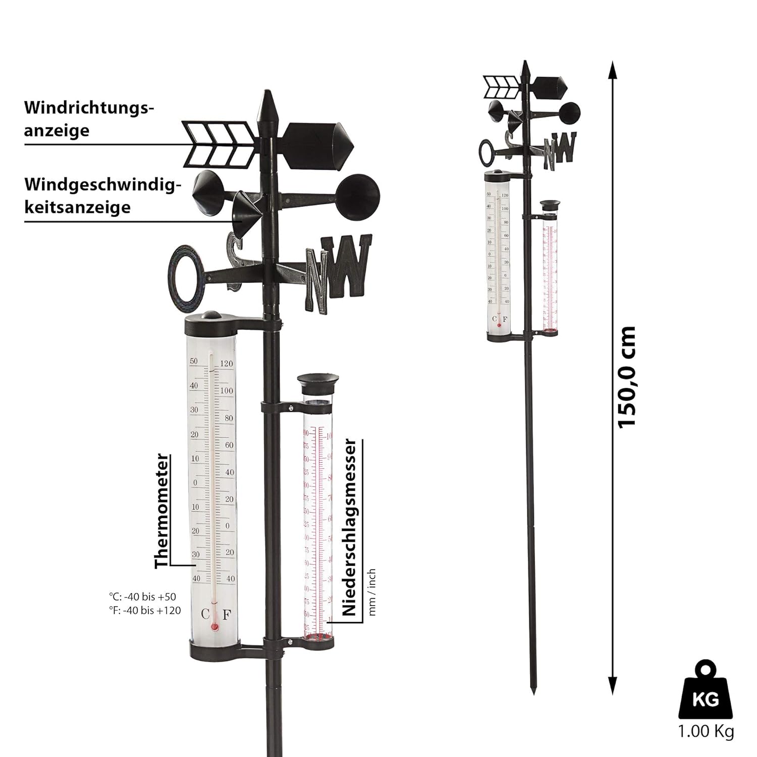 Cepewa Station météo de jardin baromètre pluviomètre thermomètre vitesse du vent 150 cm – Image 2