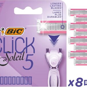 BIC Razors Click 5 Soleil Recharges Rasoir Femme 5 Lames, Bande Lubrifiante Enrichie en Aloe Vera, Boîte de 8 recharges