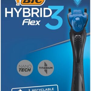 BIC Hybrid 3 Flex Kit rasoir rechargeable pour homme, manche 90% plastique recyclé et recharges 3 lames - Boîte de 1+2