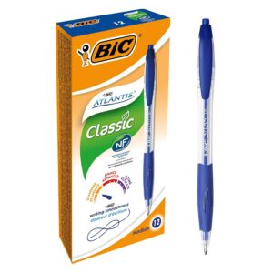BIC Atlantis Classic Stylos-Bille Rétractables Pointe Moyenne (1,0 mm) - Bleu, Boîte de 12
