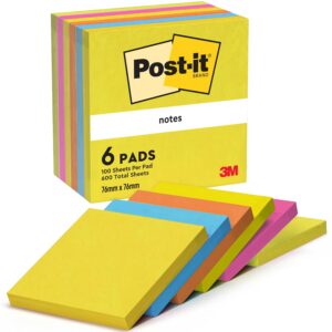 Post-it Notes Autocollantes, Pack de 6 Blocs, 76 mm x 76 mm, 100 Feuilles par Bloc, Bleu, Jaune, Orange, Rose, Vert - Feuillets Adhésifs pour Prise de Notes, Listes de Tâches et Rappels