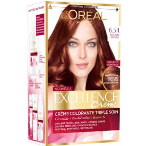 L'Oréal Paris - Excellence Crème - Coloration Permanente Triple Soin 100% Couverture Cheveux Blancs - Nuance 6,54 Acajou Cuivré - Lot de 2
