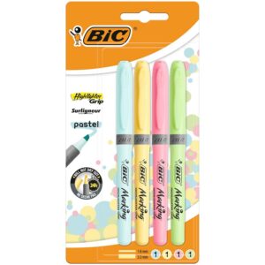 BIC Highlighter Grip Pastel Surligneurs Pointe Biseautée - Couleurs Assorties, Blister de 4