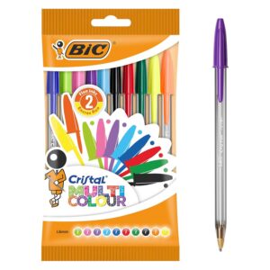 BIC Cristal Multicolour Stylos-Bille Pointe Large (1,6 mm) - Écriture Vive et Colorée - Couleurs Assorties, Pochette de 10