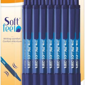BIC Soft Feel – Stylos à Bille avec Pointe rétractable Medium (1,0mn) et Grip en Caoutchouc - Bleu, Blister de 15