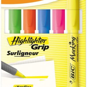 BIC Highlighter Grip Surligneurs Pointe Biseautée - Couleurs Fluo Assorties, Etui Plastique de 5