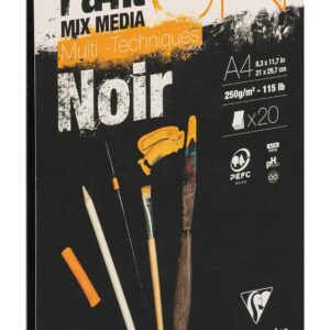Clairefontaine 975169C Bloc Collé PaintON Multi-techniques - 20 Feuilles Papier Dessin Multi-techniques au Grain Légèrement Rugeux - Noir - A4 21x29,7 cm 250g