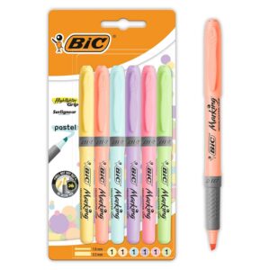 BIC Highlighter Grip Pastel - Surligneurs à Pointe Biseautée Modulable - Couleurs Assorties, Blister de 6